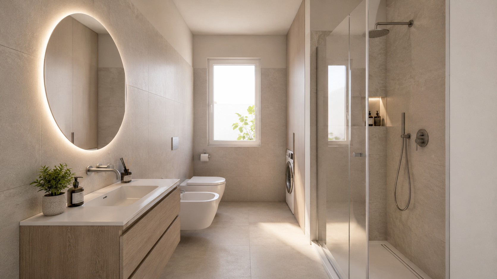 Bagno contemporaneo con doccia e finiture chiare