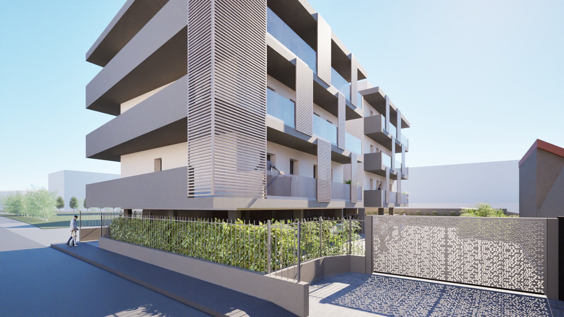 Prospettiva laterale della residenza e del cancello